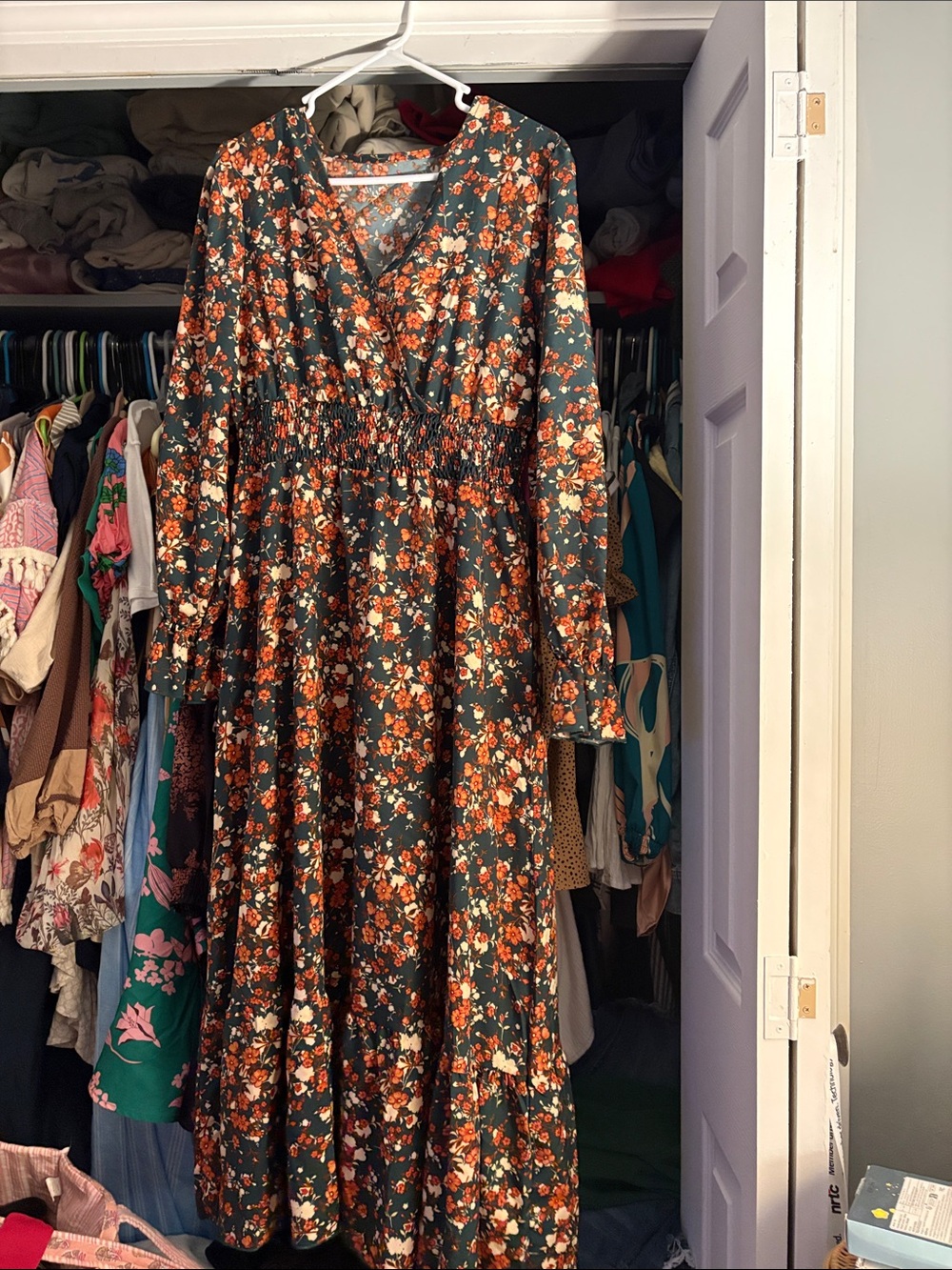 Floral Maxi Dress with Smocked Waist - Dark Green/Orange size large Fall dress